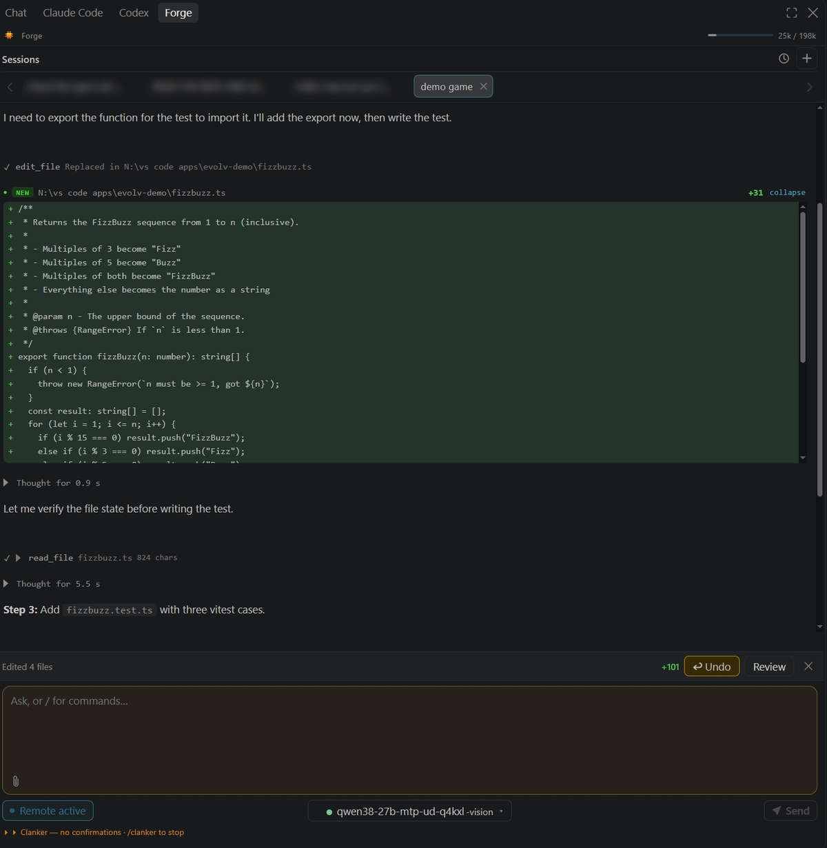Forge running an agent turn in the VS Code sidebar: a tool call, an inline diff of the edited file, and the Undo and Review buttons for the turn